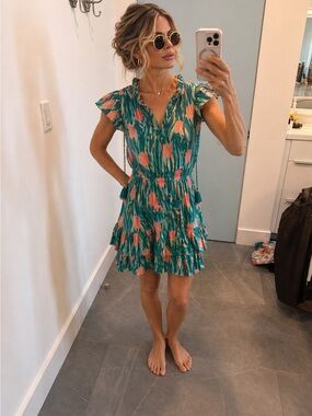 Floral Ruffle Tiered Skirt Set in Teal and Coral, Like NEW